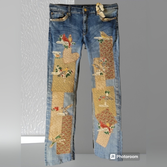 Hand Crafted Denim - HAND CRAFTED Jeans UPCYCLED Blue Denim Patchwork Bird Floral Applique Size 6